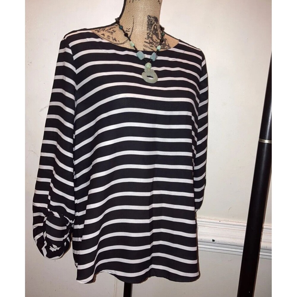 Ann Taylor LOFT Womens Medium Black & White Striped Blouse Top Career Shirt Jrs